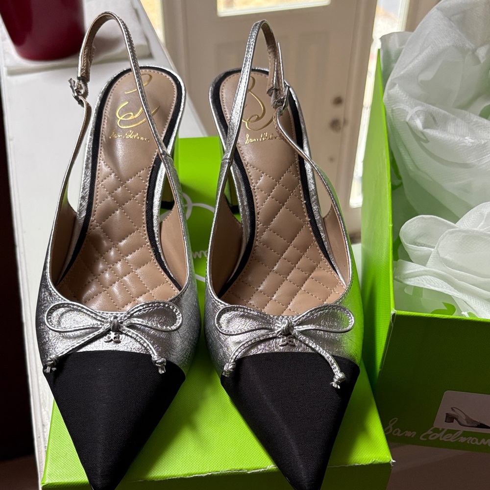 Sam Edelman Silver Metallic & Black Pointed-Toe Slingback Mules